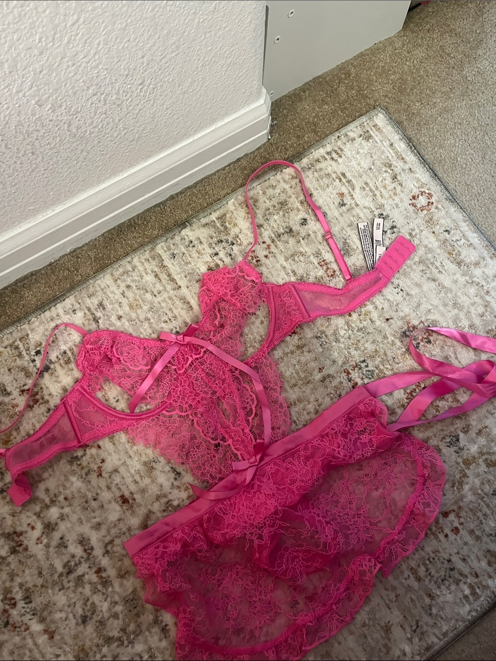 Victoria's Secret Hot Pink Lace Babydoll Set with Ribbon Details